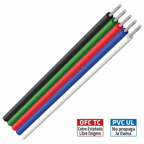 Cable Led plano 5x0,51mm2 RGB+Negro+Blanco (50mt)