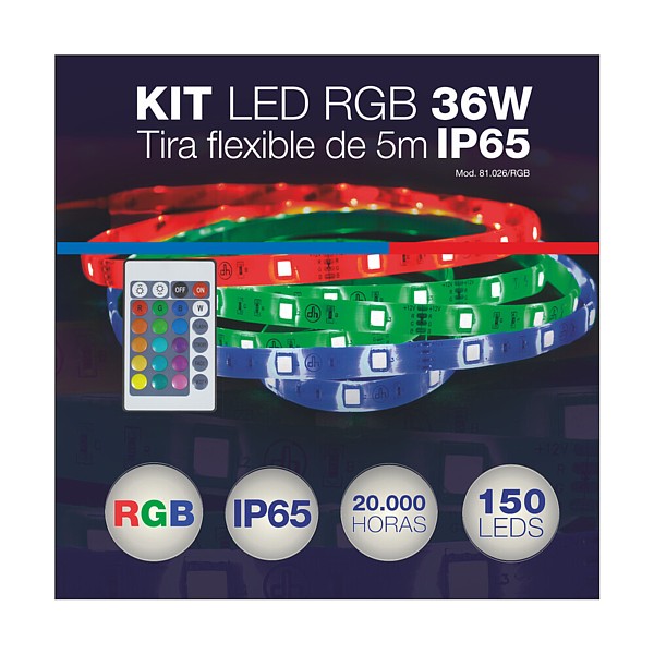 Kit tira de LED RGB 5mts 12V 36W IP65